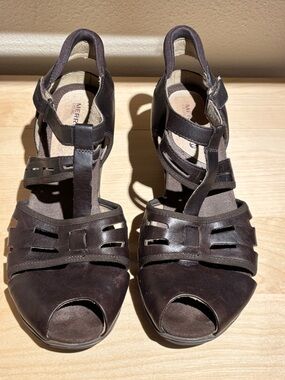 Merrell Evera Band Women's Cycling Sandals Brown Leather Strappy Peep-Toe Heels